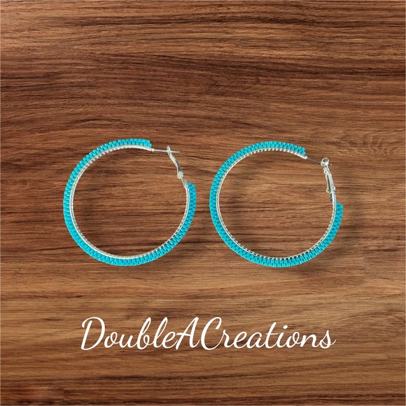Turquoise Beaded 2” Hoops, New, Handmade by Me - Picture 3 of 4